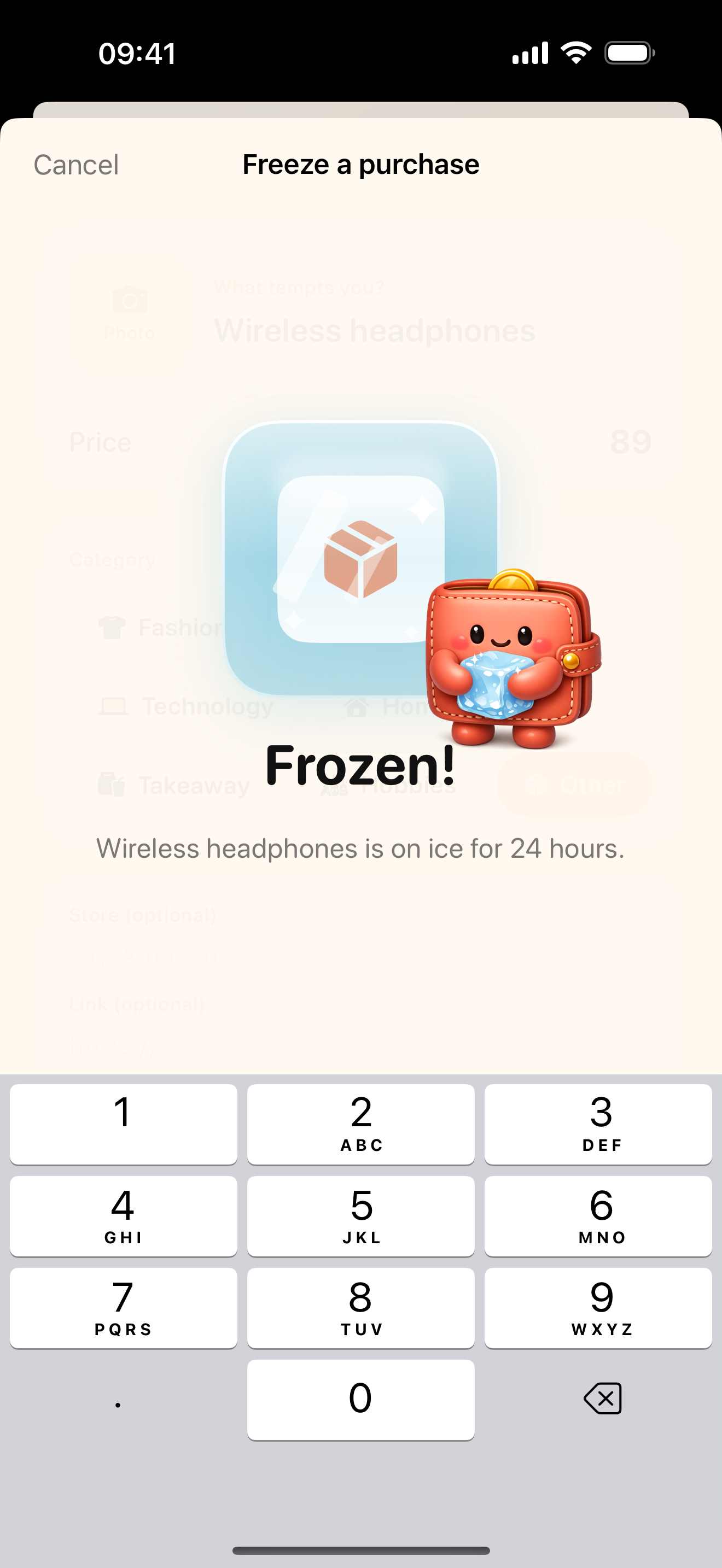 ColdCart freeze confirmation showing the purchase on ice