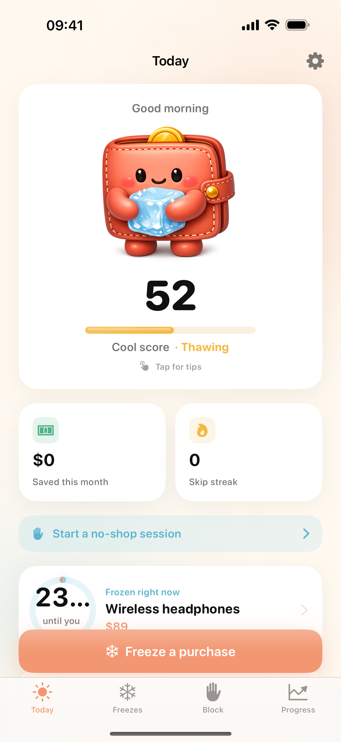 ColdCart Today screen with an active freeze countdown